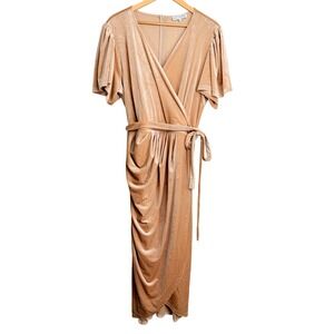 Ivy City Co Velvet Wrap Midi Dress Champagne Beige Flutter Sleeve Plus Size 1X
